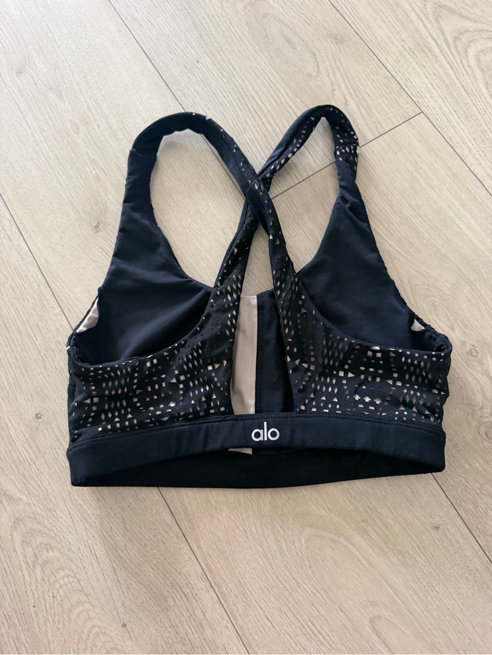 ALO Yoga Black Sports Bra with Nude Accent & Patterned Mesh